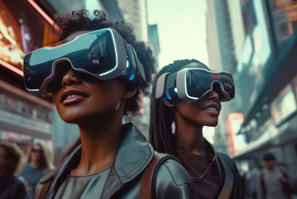 a futuristic image of two girls in the street, walking, wearing VR glasses