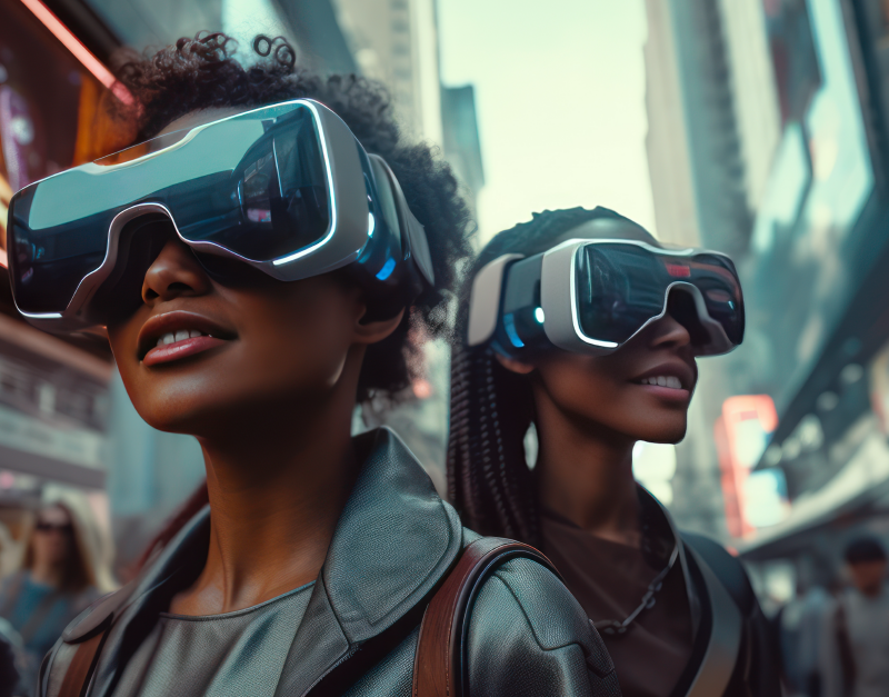 a futuristic image of two girls in the street, walking, wearing VR glasses